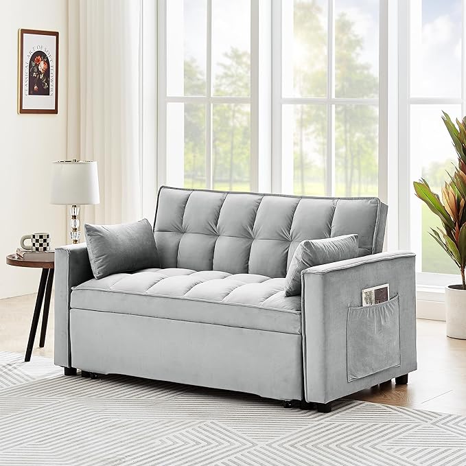 Full Size Pull 3 in 1 Convertible, Fluffy Velvet Loveseat Cama, Lounge Sleeper Sofa with Pullout Bed, Small Futon Couch for Living Room, Bedroom, 55" W, Grey - LeafyLoom