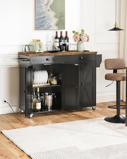 HOOBRO 43.3 Inch Kitchen Island with Charging Station, Rolling Kitchen Island with Storage, Kitchen Island Cart with Spice Rack and Hooks, for Kitchen, Living Room, Rustic Brown and Black BF11UZD01 - LeafyLoom