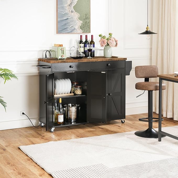 HOOBRO 43.3 Inch Kitchen Island with Charging Station, Rolling Kitchen Island with Storage, Kitchen Island Cart with Spice Rack and Hooks, for Kitchen, Living Room, Rustic Brown and Black BF11UZD01 - LeafyLoom