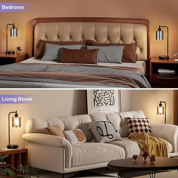 Innqoo Industrial Touch Bedroom Lamps for Bedrooms Set of 2-3-Way Dimmable Table Lamps with USB C+A Ports and Outlet, Bedside Lamps with Gray Glass Shade for Living Room, Desk Lamps for Home Office - LeafyLoom