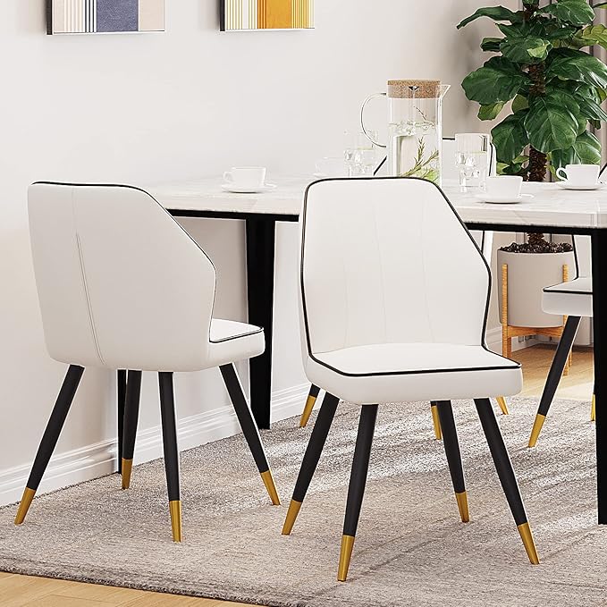 White Faux Leather Dining Chairs Set of 2, Modern Upholstered Accent Kitchen Dining Room Chairs Armless Side Chairs with Metal Legs - LeafyLoom