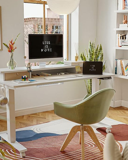 FEZIBO 60 x 24 Inch Height Adjustable Electric Standing Desk with Double Drawer, Stand Up Desk with Storage Shelf, Sit Stand Desk, White - LeafyLoom