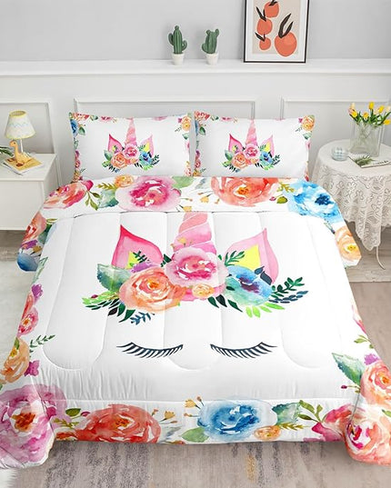 Datura home Unicorn Floral Watercolor Flower Comforter Bedding Set for Girls Teens Adults,Colorful Lovely Roses Blooms Print Design Unicorn Bedding Set(Unicorn Full) - LeafyLoom