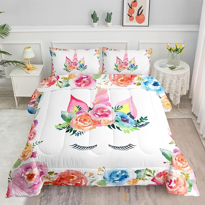 Datura home Unicorn Floral Watercolor Flower Comforter Bedding Set for Girls Teens Adults,Colorful Lovely Roses Blooms Print Design Unicorn Bedding Set(Unicorn Full) - LeafyLoom