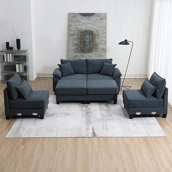 133" Corduroy 6 Seat Freely Combinable Sofa with Armrest Bags,U Shaped Indoor Solid Wood Sectional Couch w/Pillows,for Living Room,Bedroom,Apartment,Office,Lounges,Grey - LeafyLoom