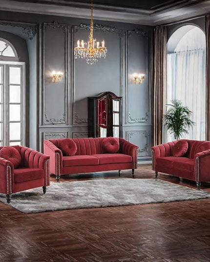 Velvet Loveseat Modern Living Room 3 Piece with Scroll Arms and Nailhead, includes 2 Love-seat Chair & Armchair, Sofa Couch Set Red - LeafyLoom