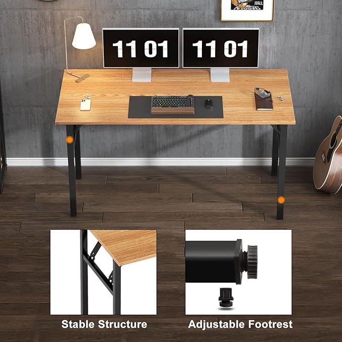 Need Computer Desk Office Desk 55 inches Folding Table Computer Table Workstation No Install Needed,Teak Black AC5BB-140X - LeafyLoom