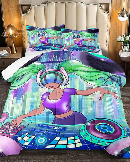 Black Girl Magic Comforter Set Queen Size, African American DJ Girl Pattern Soft Microfiber 3 Piece Quilt Set with 2 Pillowcases Queen Size Comforter Set Gifts for Black Women Girls - LeafyLoom