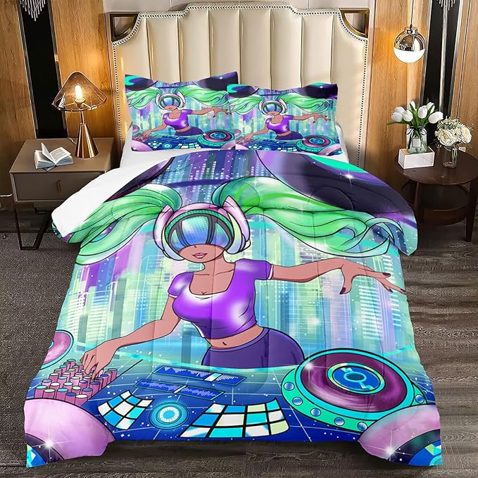 Black Girl Magic Comforter Set Queen Size, African American DJ Girl Pattern Soft Microfiber 3 Piece Quilt Set with 2 Pillowcases Queen Size Comforter Set Gifts for Black Women Girls - LeafyLoom