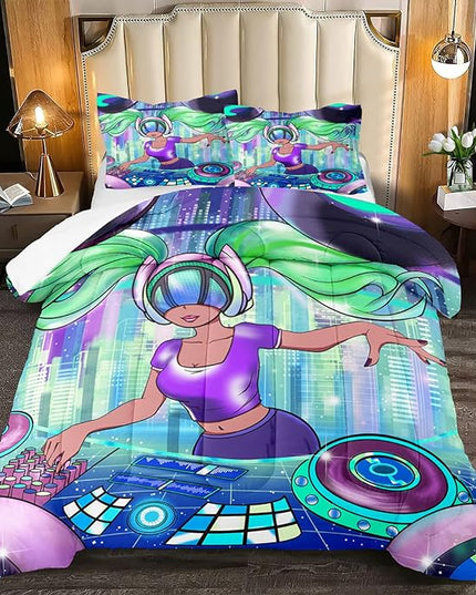 African American Comforter Sets for Girls, Full Size Comforter Set for Girls with Cool DJ Girl Pattern Soft Microfiber 3 Piece Quilt Set Green Pretty Girl Bedding Comforter Set with 2 Pillowcases - LeafyLoom