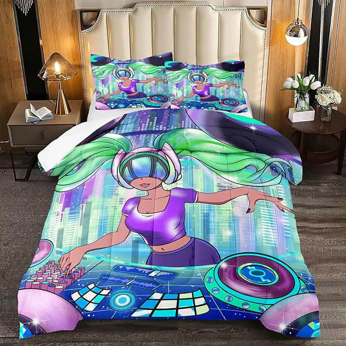 African American Comforter Sets for Girls, Full Size Comforter Set for Girls with Cool DJ Girl Pattern Soft Microfiber 3 Piece Quilt Set Green Pretty Girl Bedding Comforter Set with 2 Pillowcases - LeafyLoom