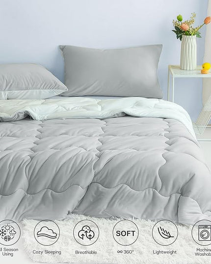 COTTEBED Reversible Comforter Sets KING Size Bed, Jersey Knit T-Shirt Feel Bedding Down Comforters Quilt & Pillowcase -Super Soft Cozy Lightweight All Season (Light Grey and White California Cal/King) - LeafyLoom