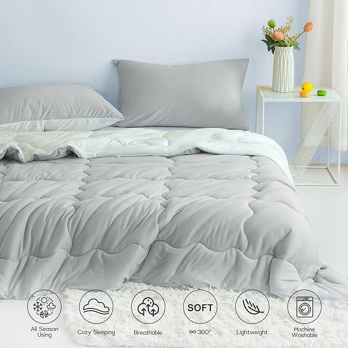COTTEBED Reversible Comforter Sets KING Size Bed, Jersey Knit T-Shirt Feel Bedding Down Comforters Quilt & Pillowcase -Super Soft Cozy Lightweight All Season (Light Grey and White California Cal/King) - LeafyLoom