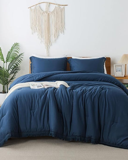 Andency Navy Blue Comforter King Size, 3 Pieces Boho Tassel Lightweight Bedding Comforter Sets for King Bed, All Season Soft Fluffy Fringe Bed Set (104x90In Comforter & 2 Pillowcases) - LeafyLoom