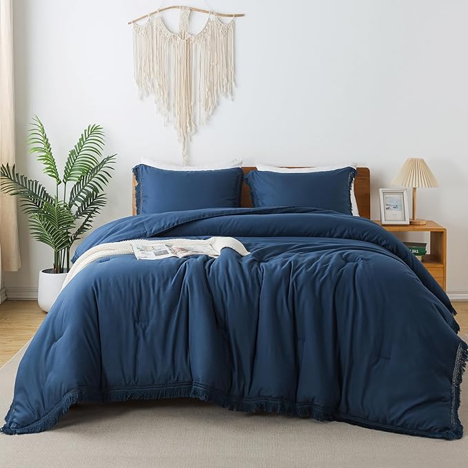 Andency Navy Blue Comforter King Size, 3 Pieces Boho Tassel Lightweight Bedding Comforter Sets for King Bed, All Season Soft Fluffy Fringe Bed Set (104x90In Comforter & 2 Pillowcases) - LeafyLoom