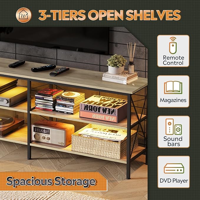 WLIVE TV Stand up to 70 Inch TV, 63" Entertainment Center with LED, TV Media Console with 3-Tier Storage Shelves for Living Room and Bedroom, Greige - LeafyLoom