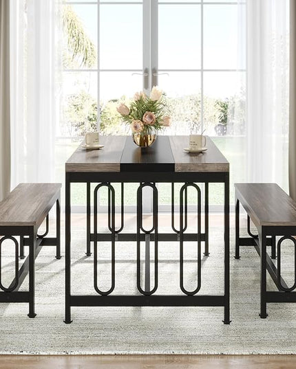 Tribesigns 55 Inch Dining Table Set for 4-6, 3-Piece Kitchen Table with 2 Benches, Space-Saving Dining Room Table Set for Home Kitchen, Restaurant, Grey - LeafyLoom