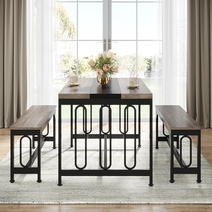 Tribesigns 55 Inch Dining Table Set for 4-6, 3-Piece Kitchen Table with 2 Benches, Space-Saving Dining Room Table Set for Home Kitchen, Restaurant, Grey - LeafyLoom