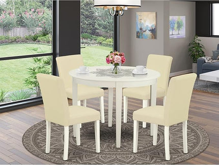 East West Furniture BOAB5-LWH-64 Boston 5 Piece Dining Set for 4 Includes a Round Kitchen Table and 4 Faux Leather Upholstered Parson Chairs, Linen White, 42x42 Inch - LeafyLoom