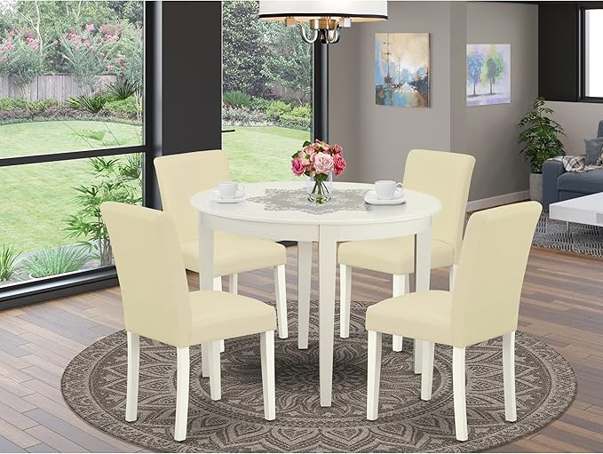 East West Furniture BOAB5-LWH-64 Boston 5 Piece Dining Set for 4 Includes a Round Kitchen Table and 4 Faux Leather Upholstered Parson Chairs, Linen White, 42x42 Inch - LeafyLoom