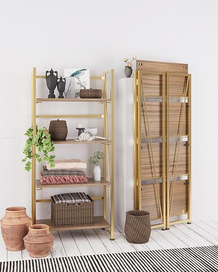 No-Assembly Folding Gold Bookshelf Storage Shelves 4 Tiers Vintage Multifunctional Plant Flower Stand Storage Rack Shelves Bookcase for Home Office - LeafyLoom