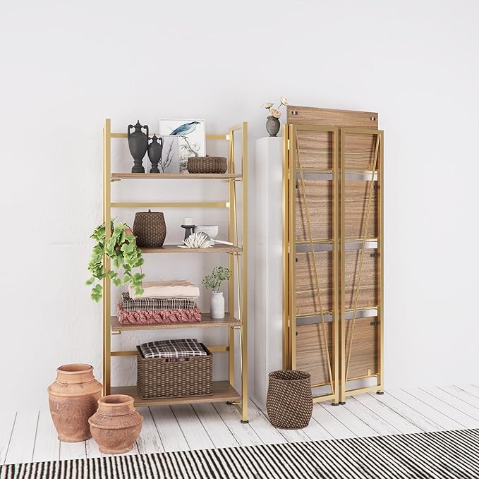 No-Assembly Folding Gold Bookshelf Storage Shelves 4 Tiers Vintage Multifunctional Plant Flower Stand Storage Rack Shelves Bookcase for Home Office - LeafyLoom