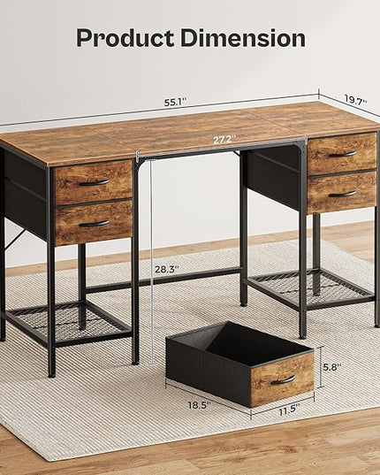 55 Inch Computer Desk with 4 Drawers, Office Desk with Mesh Shelf, Gaming Desk, Large Storage, Writing Desk Work Desk for Home Office, Study, Bedroom, Work from Home, Rustic Brown - LeafyLoom
