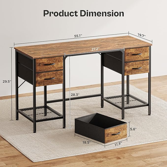 55 Inch Computer Desk with 4 Drawers, Office Desk with Mesh Shelf, Gaming Desk, Large Storage, Writing Desk Work Desk for Home Office, Study, Bedroom, Work from Home, Rustic Brown - LeafyLoom