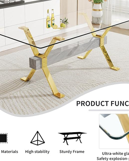 NicBex Dining Table Modern Tempered Glass Dining Table Large Modern Office Desk with Gold Plated Metal Legs and MDF Crossbars, Suitable for Both Home and Office Use, Gold + Silver - LeafyLoom