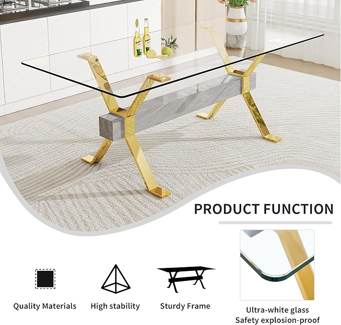 NicBex Dining Table Modern Tempered Glass Dining Table Large Modern Office Desk with Gold Plated Metal Legs and MDF Crossbars, Suitable for Both Home and Office Use, Gold + Silver - LeafyLoom