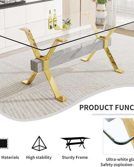 Rectangular Table with Tempered Glass Tabletop,Modern Dinner Desk W/Metal Tubular Legs, Home,Kitchen,Dining Room,Office,Gold, 79" Marble Color Crossbars - LeafyLoom