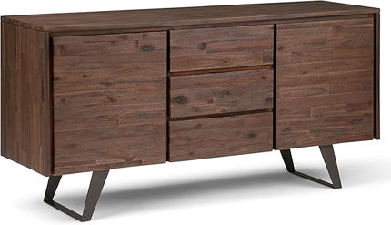 SIMPLIHOME Lowry SOLID ACACIA WOOD and Metal 60 Inch Wide Rectangle Modern Industrial Sideboard Buffet in Distressed Charcoal Brown, For the Dining Room and Kitchen - LeafyLoom
