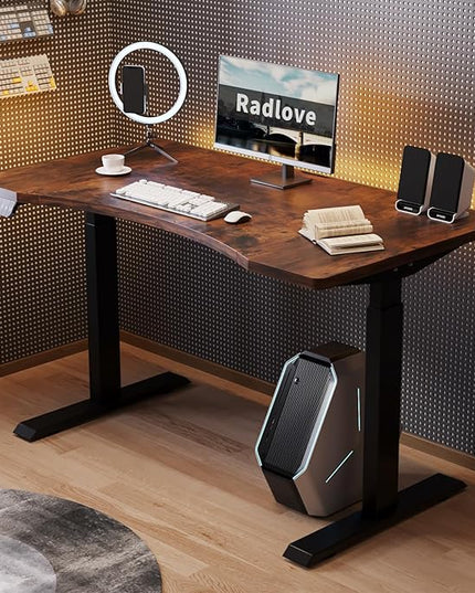 Radlove Dual Motors Height Adjustable 55 x 30'' Electric Standing Desk with Curved Design Stand Up Table 4 Memory Keys, Computer Desk with Splice Board Home Office Desk, Rustic Brown Top + Black Frame - LeafyLoom