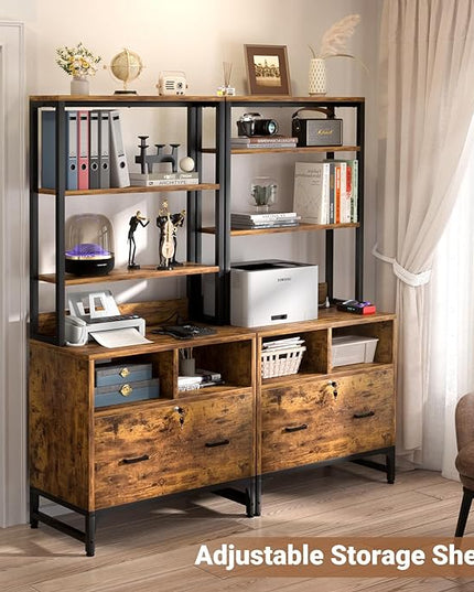 Homieasy File Cabinet with Charging Station, Vertical Filing Cabinet with Lock & Large Drawer, Printer Stand with Storage Shelves, Office Storage Cabinet fits Letter/A4/Legal Size,Rustic Brown - LeafyLoom
