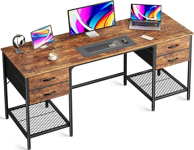 63 Inch Computer Desk with 4 Drawers, Office Desk with Mesh Shelf, Gaming Desk, Large Storage, Writing Desk Work Desk for Home Office, Study, Bedroom, Work from Home, Rustic Brown - LeafyLoom