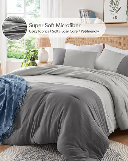 Grey Twin Comforter Set - Modern Soft Farmhouse Bedding for Teen Boys, Kids Colorblock Pattern Bed Sets for All Season, 2 Pieces includes 1 Comforter, 1 Sham (66"x 90") - LeafyLoom
