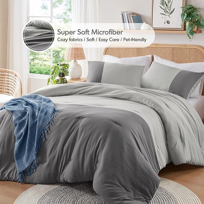 Grey Comforter Queen Set - Modern Soft Farmhouse Comforter Sets for Men, Masculine Colorblock Pattern Bedding Set for All Season, 3 Pieces includes 1 Comforter, 2 Shams (90"x 90") - LeafyLoom