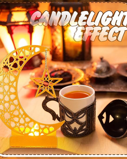 Eid Crafts Night Light 3D Metal Ramadan Eid Mubarak Ornaments Ramadan Decorations Ramadan Table Decor Ramadan Mubarak Light with 2 LED Candles for Home Eid Party Supplies (Stylish) - LeafyLoom