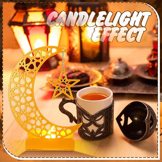Eid Crafts Night Light 3D Metal Ramadan Eid Mubarak Ornaments Ramadan Decorations Ramadan Table Decor Ramadan Mubarak Light with 2 LED Candles for Home Eid Party Supplies (Stylish) - LeafyLoom