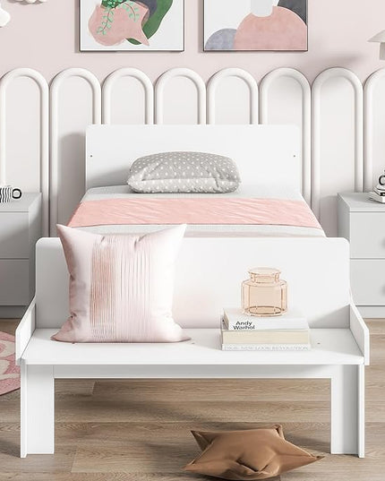 Twin Bed with Footboard Bench, Twin Kid Bed with Headboard, Wood Slat Support, Cute Kid Bed Frame with Book Storage Space, Twin Car Bed for Boys Girls Bedroom, No Box Spring Needed, White - LeafyLoom