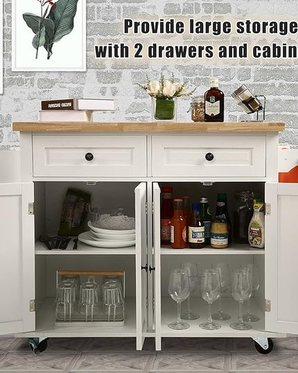 NSdirect Kitchen Island Cart,Kitchen Bar&Serving Cart Rolling on Wheels with Spice Rack Towel Holder Utility Storage Trolley with Storage Drawers for Home Hotel Kitchen Dinning Room(White) - LeafyLoom