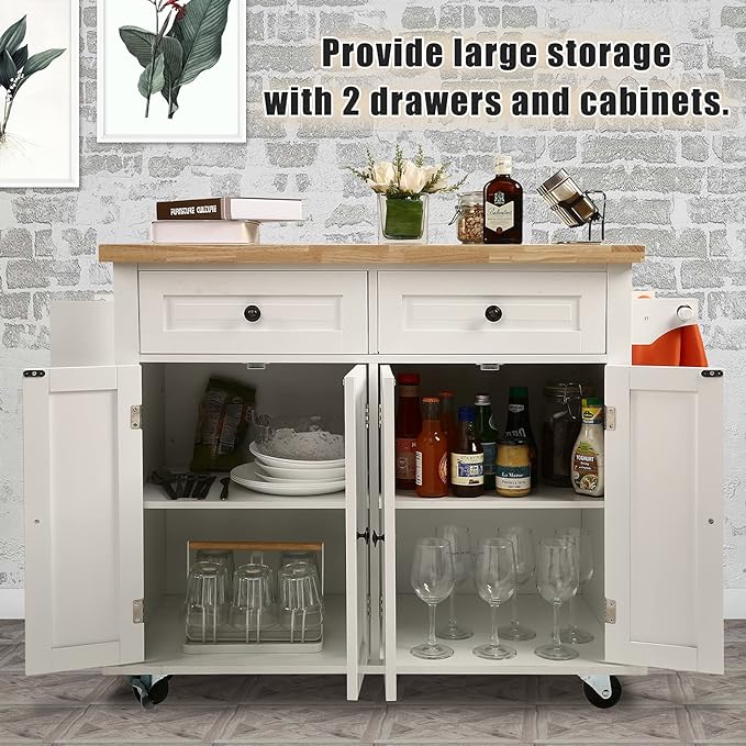 NSdirect Kitchen Island Cart,Kitchen Bar&Serving Cart Rolling on Wheels with Spice Rack Towel Holder Utility Storage Trolley with Storage Drawers for Home Hotel Kitchen Dinning Room(White) - LeafyLoom