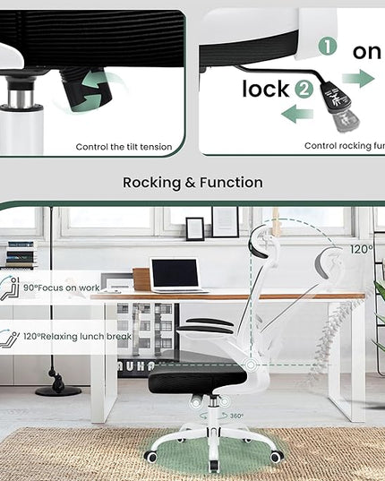 KERDOM Ergonomic Office Chair, Breathable Mesh Desk Chair, Lumbar Support Computer Chair with Headrest and Flip-up Arms, Swivel Task Chair, Adjustable Height Gaming Chair, White - LeafyLoom