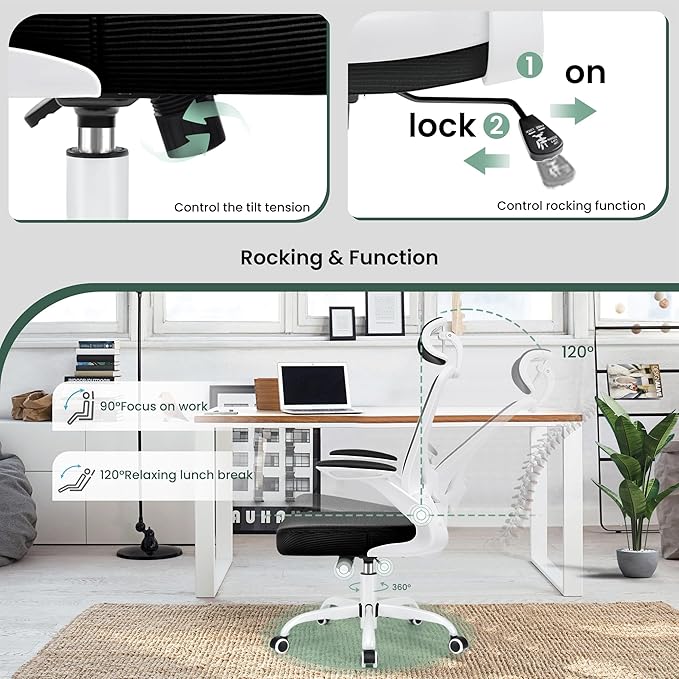 KERDOM Ergonomic Office Chair, Breathable Mesh Desk Chair, Lumbar Support Computer Chair with Headrest and Flip-up Arms, Swivel Task Chair, Adjustable Height Gaming Chair, White - LeafyLoom