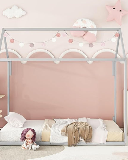 Metal Twin Size Montessori Floor Bed for Kids,Floor Bed Twin,House Bed with Slats for Boys Girls,Metal House Shape Platform Bed,No Spring Box Required,Silver - LeafyLoom
