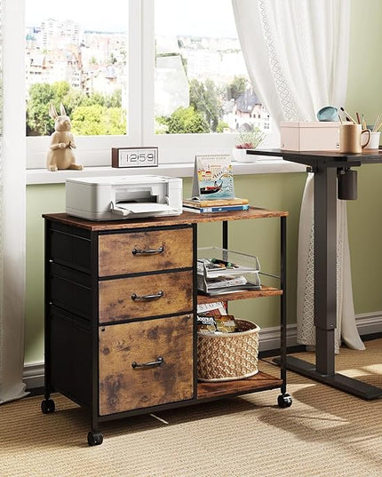 DEVAISE 3 Drawer Mobile File Cabinet, Rolling Printer Stand with Open Storage Shelf, Fabric Lateral Filing Cabinet fits A4 or Letter Size for Home Office, Rustic Brown Wood Grain Print - LeafyLoom