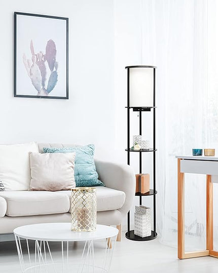 Simple Designs LF2010-BLK 62.5" Round Modern Shelf Etagere Organizer Storage Floor Lamp with 2 USB Charging Ports, 1 Charging Outlet and Linen Shade for Living Room Bedroom Office, Black - LeafyLoom