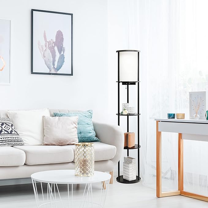 Simple Designs LF2010-BLK 62.5" Round Modern Shelf Etagere Organizer Storage Floor Lamp with 2 USB Charging Ports, 1 Charging Outlet and Linen Shade for Living Room Bedroom Office, Black - LeafyLoom