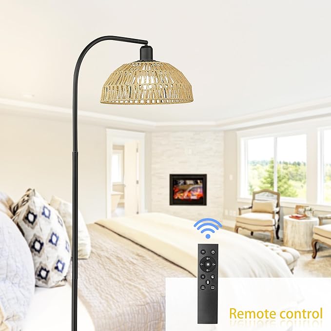 Farmhouse Floor Lamps with Remote Control for Living Room, Arch Tall Standing Lamp, Over Couch Mid Century Arched Reading Lamp, Dimmable Tall Lamp with 9W LED Bulb for Bedroom,Office (Black) - LeafyLoom
