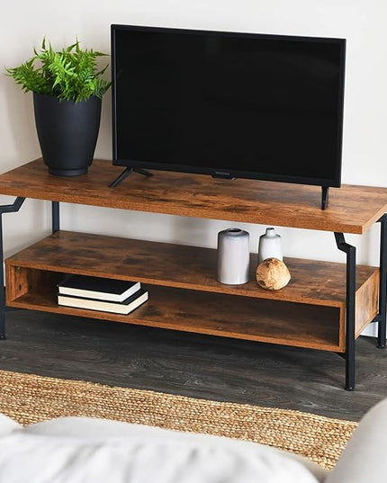 Household Essentials Crown TV Stand with Rectangular Storage Compartment Rustic Hickory Wood Grain and Black Metal - LeafyLoom